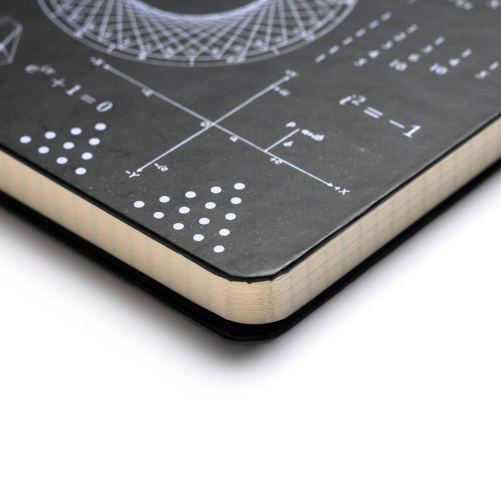 Close-up of a notebook with mathematical equations and diagrams on a white background