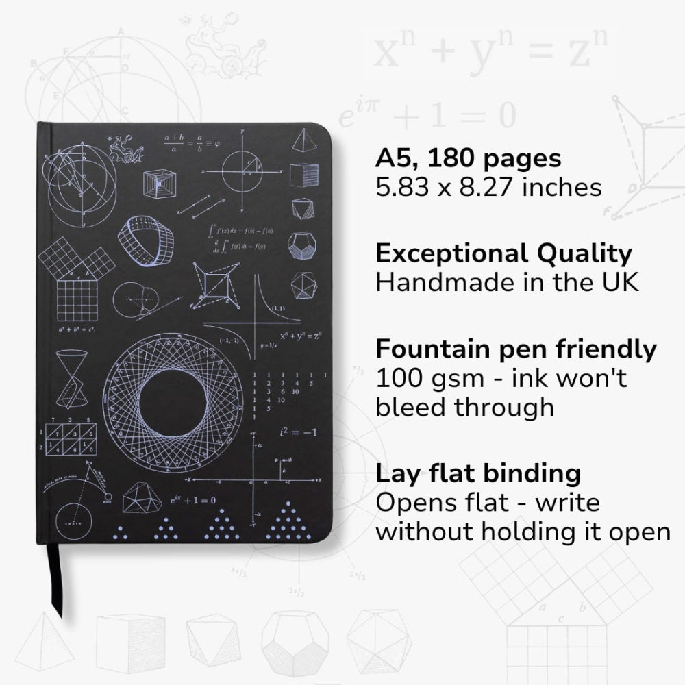 A5 Maths Black notebook with geometric designs on a white background with text about the notebook's features.