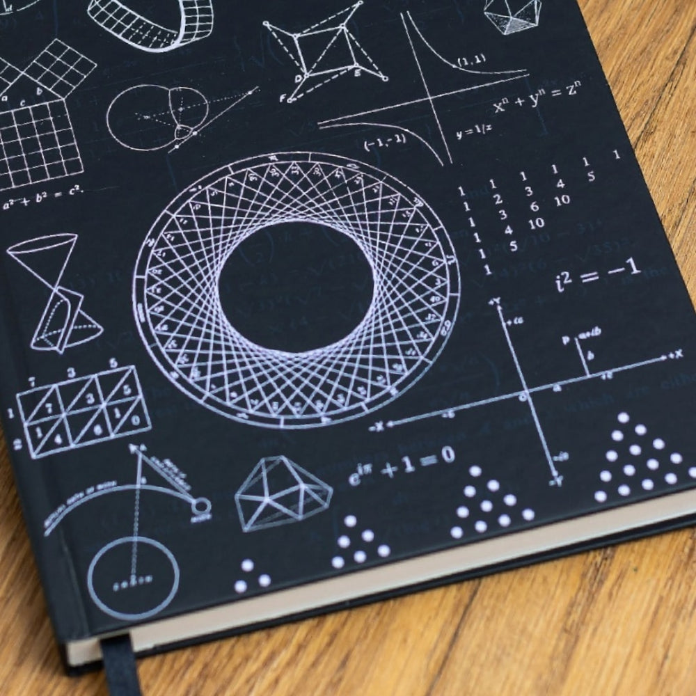 Maths Black notebook with white geometric and mathematical diagrams on a wooden surface