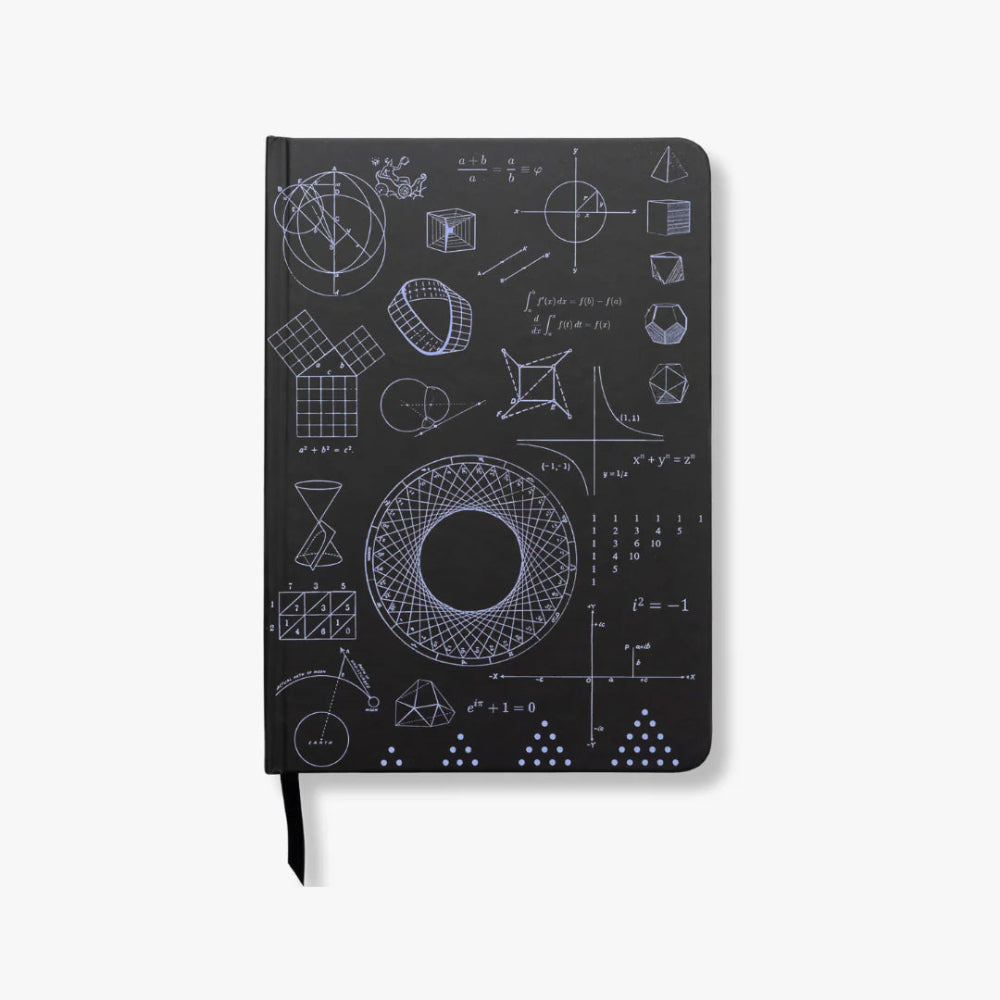 A5 Maths Black notebook with geometric and mathematical diagrams on a white background