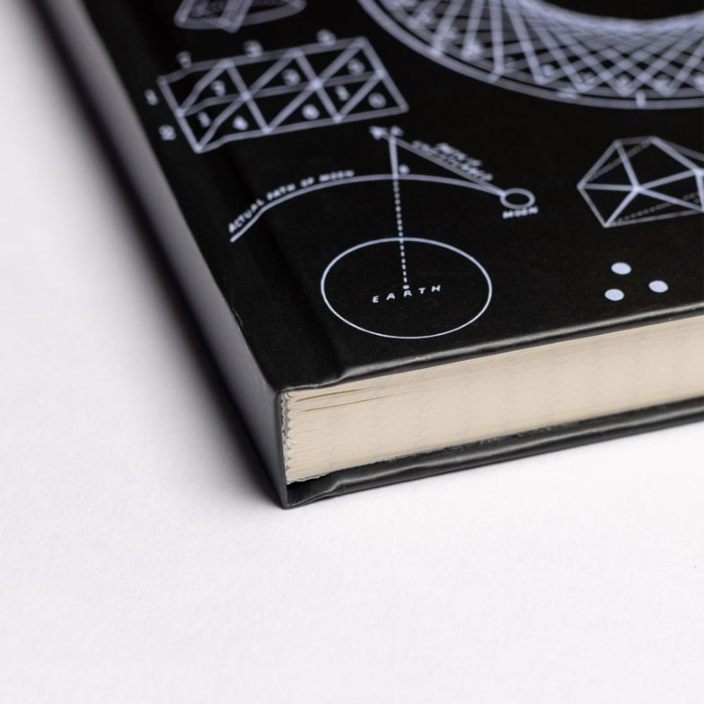 A5 Maths notebook Black with white geometric designs and text on a white background