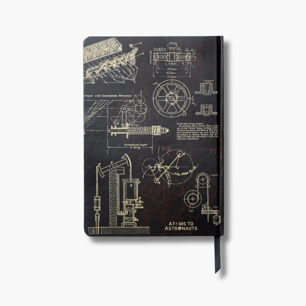 A5 Mechanical Engineering Notebook Back cover with technical drawings on a white background