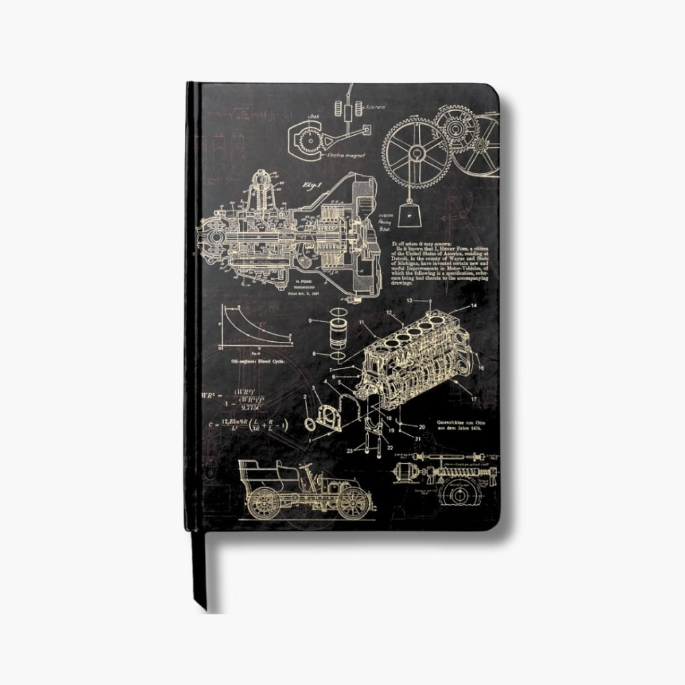 A5 Mechnical Engineering Black notebook with technical drawings on a white background