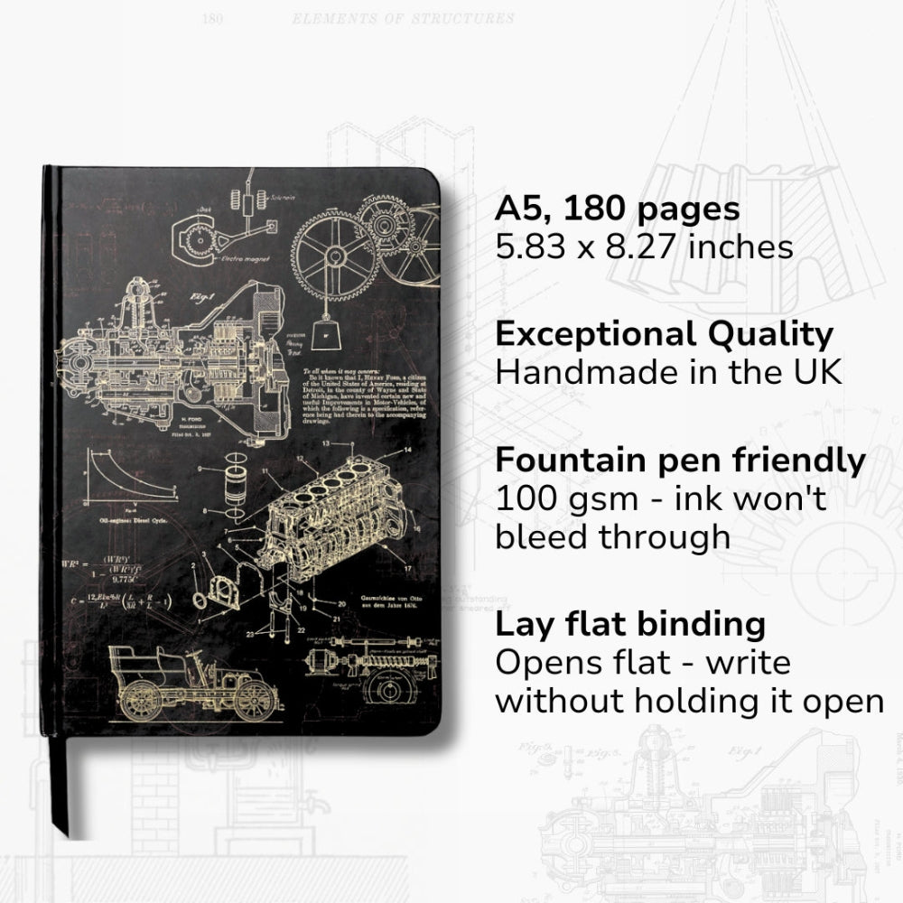 A5 Engineering Mechanical Features Notebook with technical drawings on a white background
