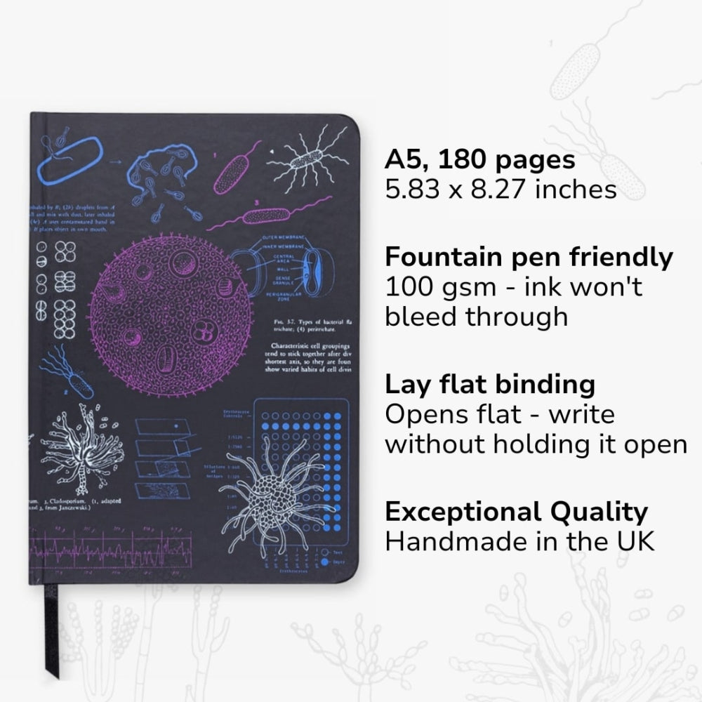 A5 Microbiology Notebook with scientific illustrations on a white background and notebook features
