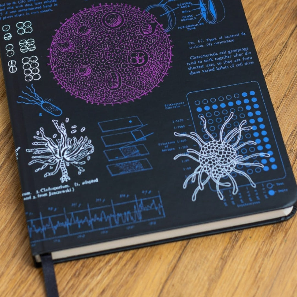 A5 Microbiology Notebook with scientific illustrations of viruses on a wooden surface