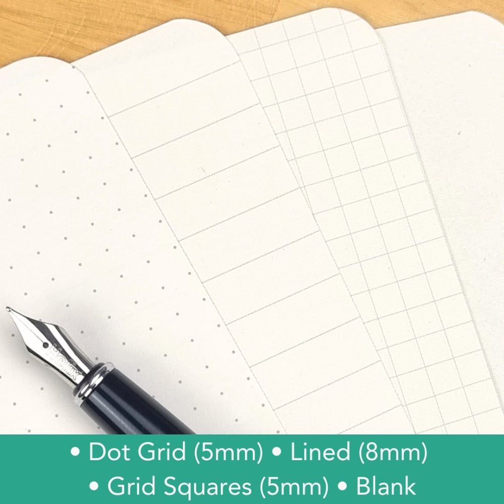 A5 neuroscience notebook with Grid paper with a pen on a wooden surface, featuring different grid patterns.