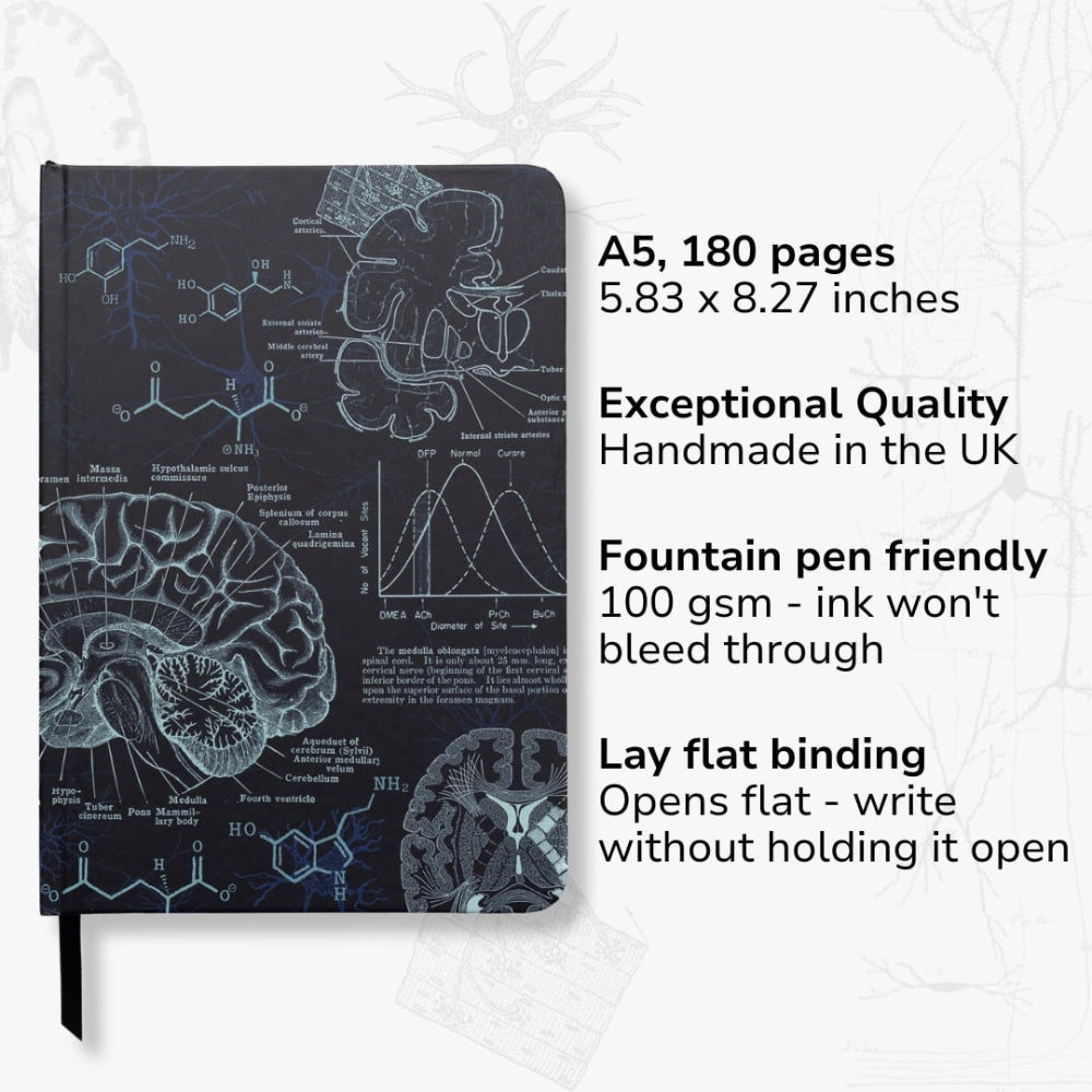 A5 Neuroscience Notebook with scientific illustrations on a white background and product features
