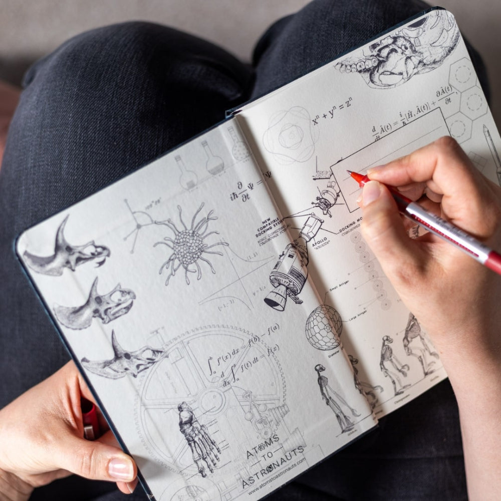 Person holding a notebook with scientific illustrations and writing with a red pen.