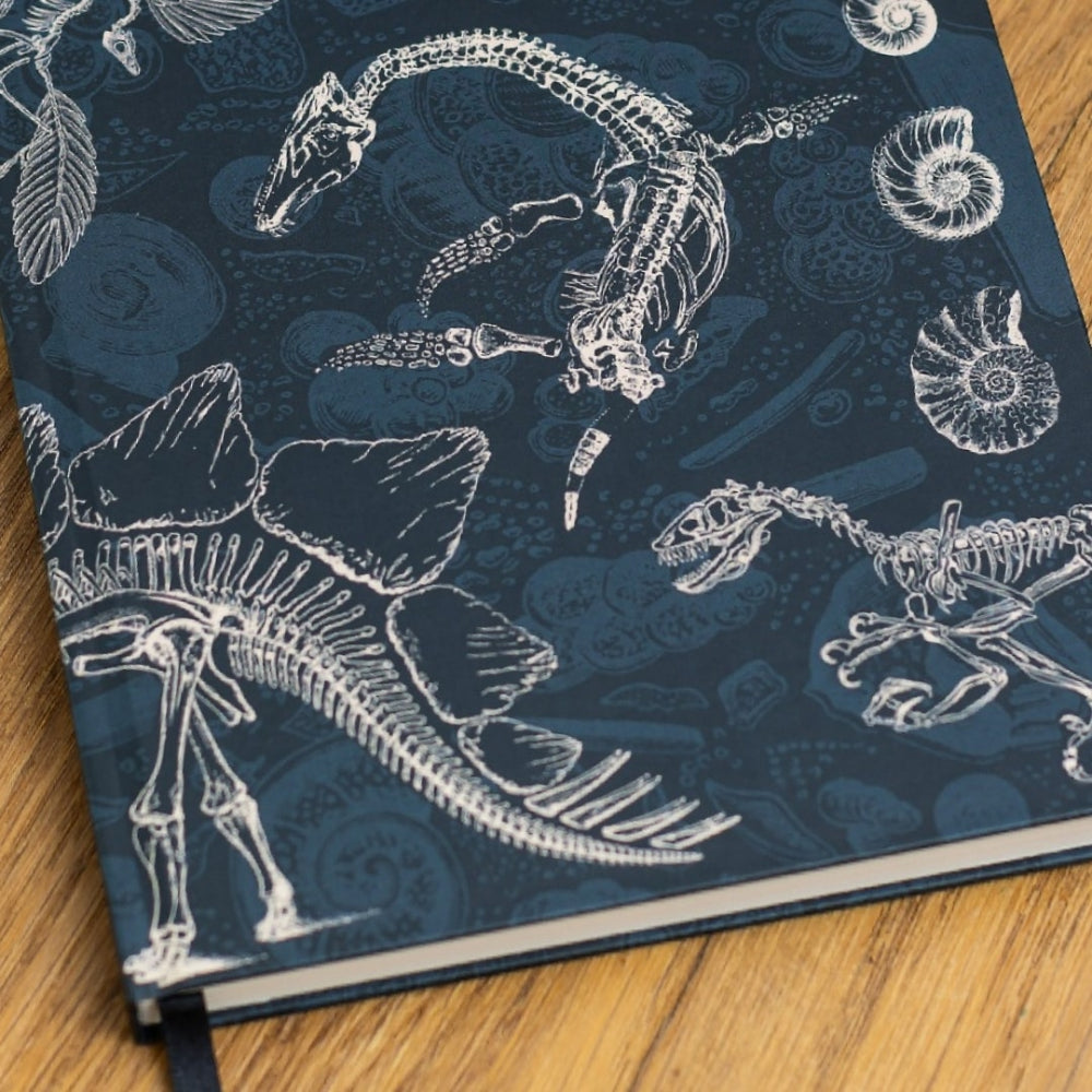 Notebook with dinosaur skeletons and ammonite fossils on a blue patterned cover
