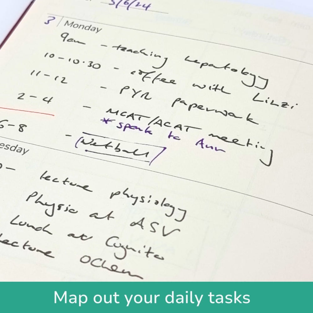 Handwritten daily schedule on a piece of paper with text overlay 'Map out your daily tasks'.