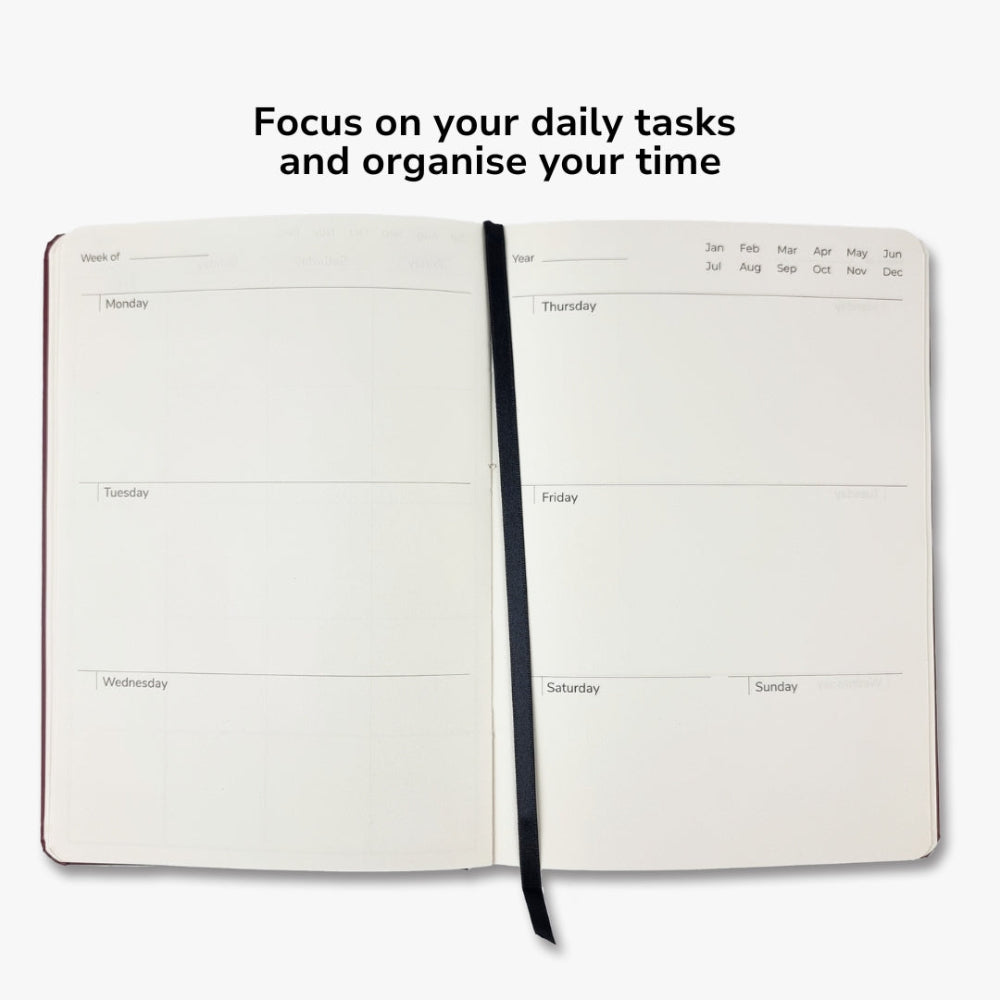 Open planner with daily tasks and time organisation text