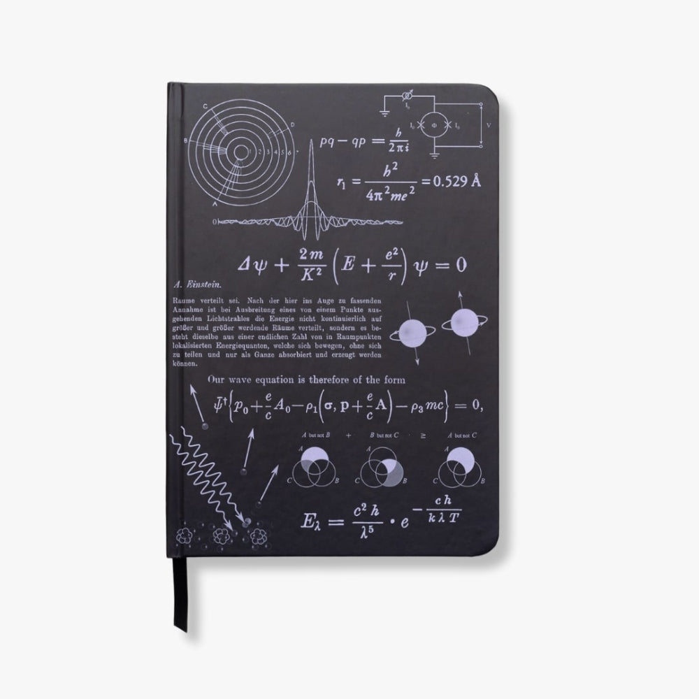 Black notebook with scientific equations and diagrams quantum physicson a white background