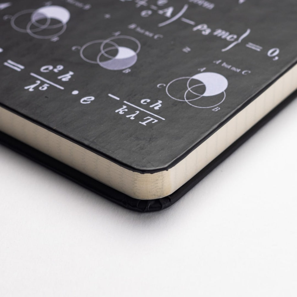 Notebook with mathematical equations and diagrams on a black cover