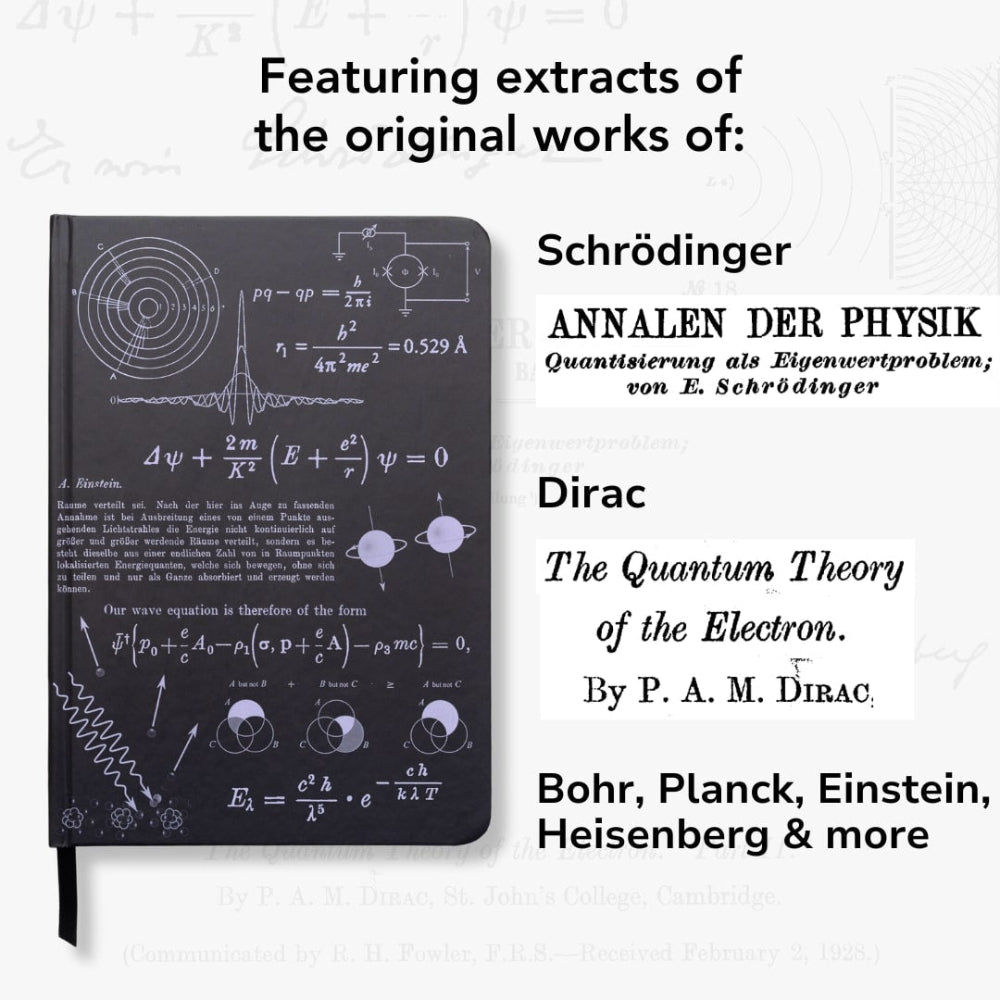A5 Quantum Physics Notebook with scientific equations and text of works featured by Dirac and Bohr on a white background