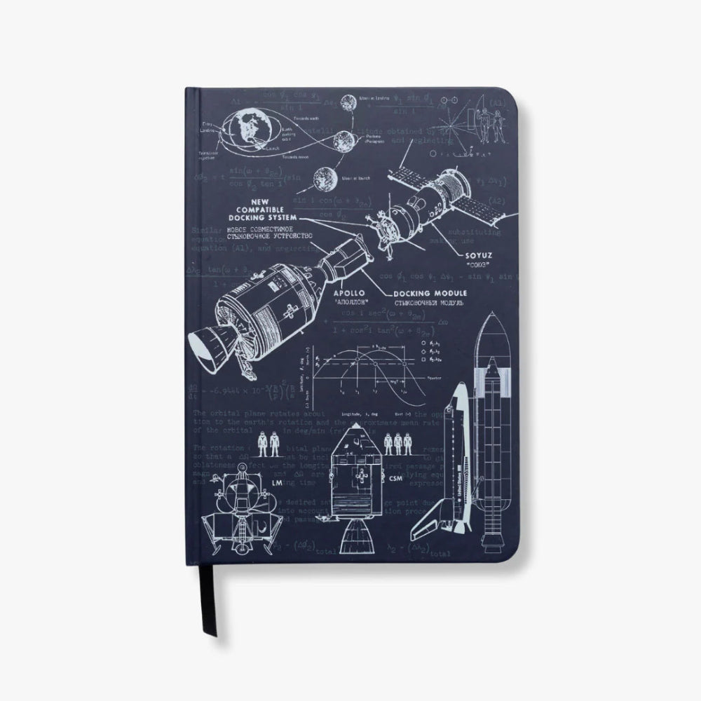 Navy notebook with space-themed illustrations on a white background