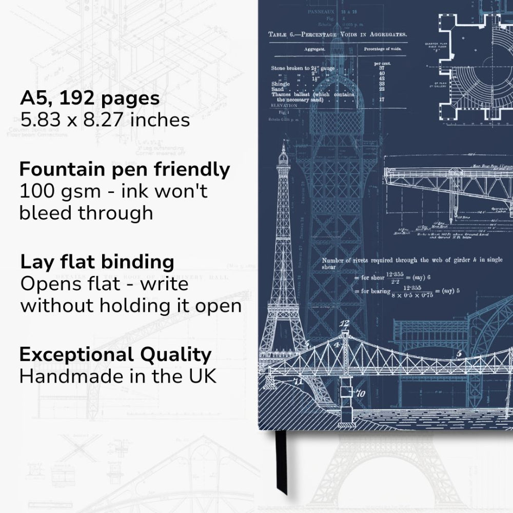 Structural Engineering noteBook with Eiffel Tower blueprint design on cover, featuring text about book specifications.