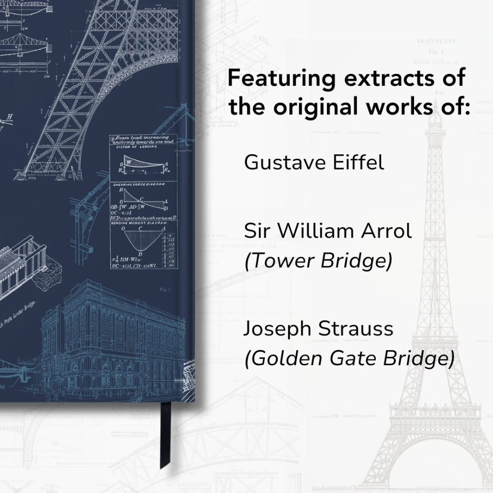 Notebook with architectural drawings on a blue cover, featuring contributions from Gustave Eiffel and others, with a white background.