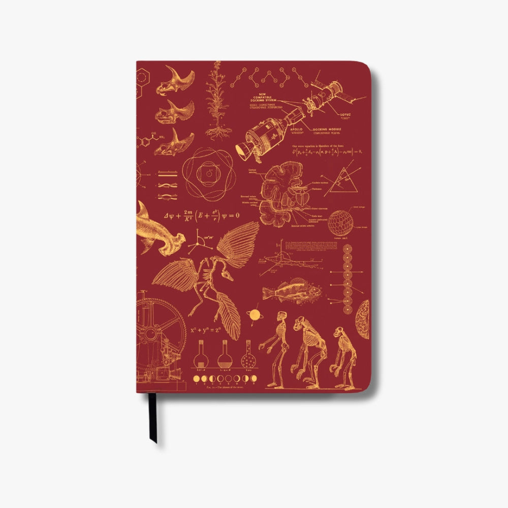 Red Undated Yearly productivity Planner notebook with scientific illustrations on a white background