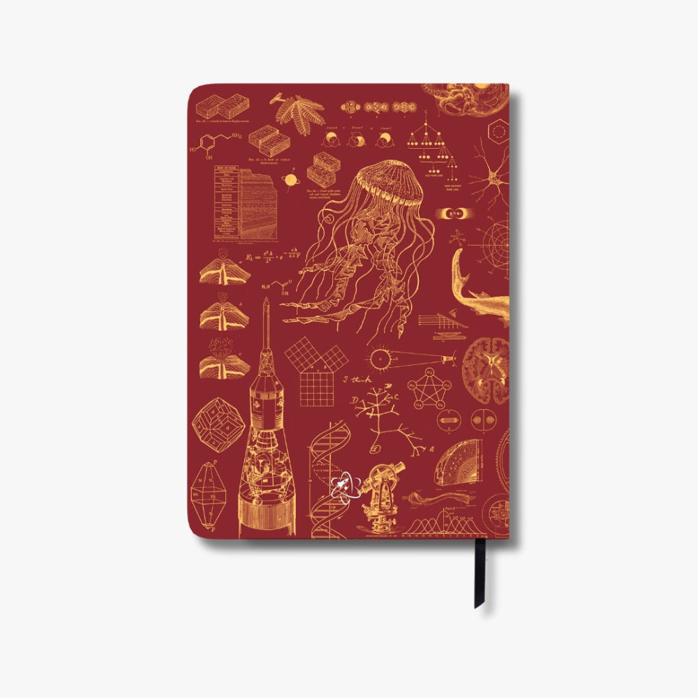 Undated Yearly Productivity Planner Red back cover notebook with scientific illustrations on a white background