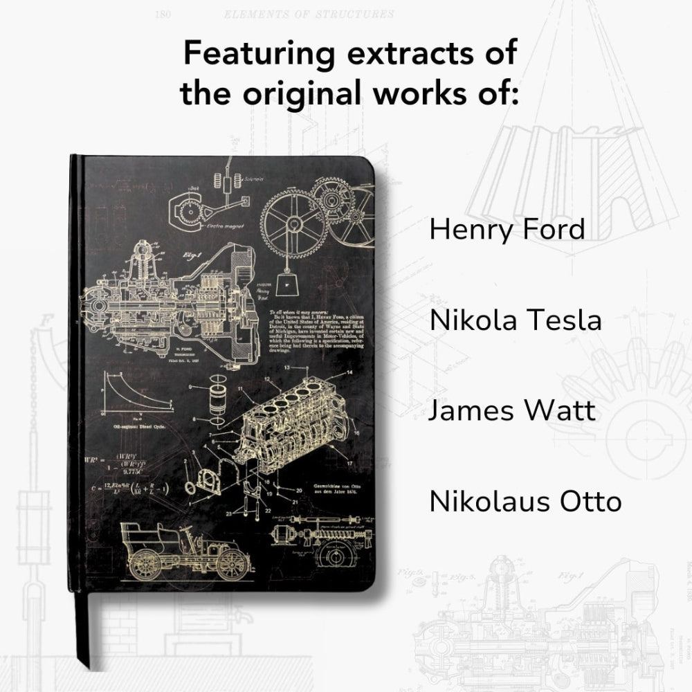 Notebook featuring extracts of Henry Ford, Nikola Tesla with technical drawings and text on a white background