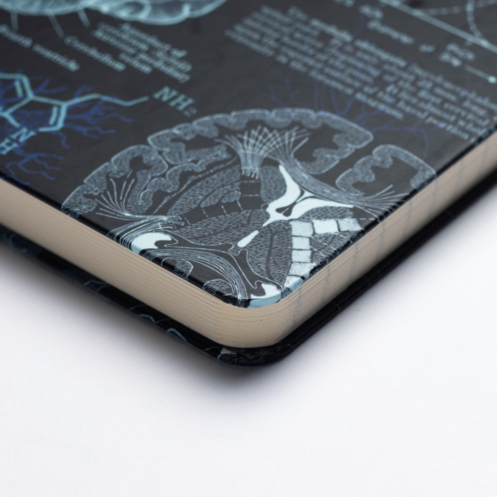 Close-up of the neuroscience notebook with detailed design on a white background
