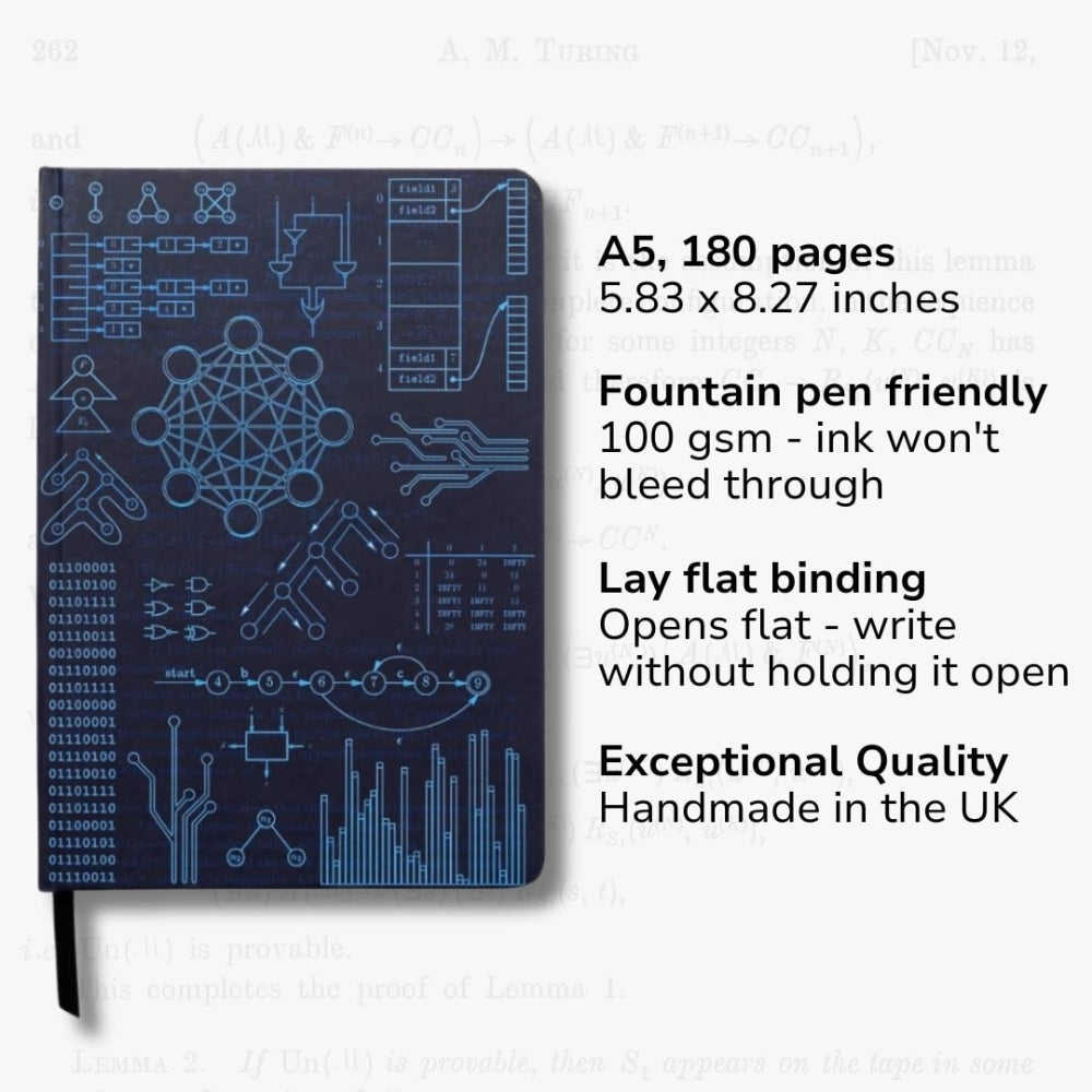 A5 Computer science Notebook with technical blueprint design product features on a white background