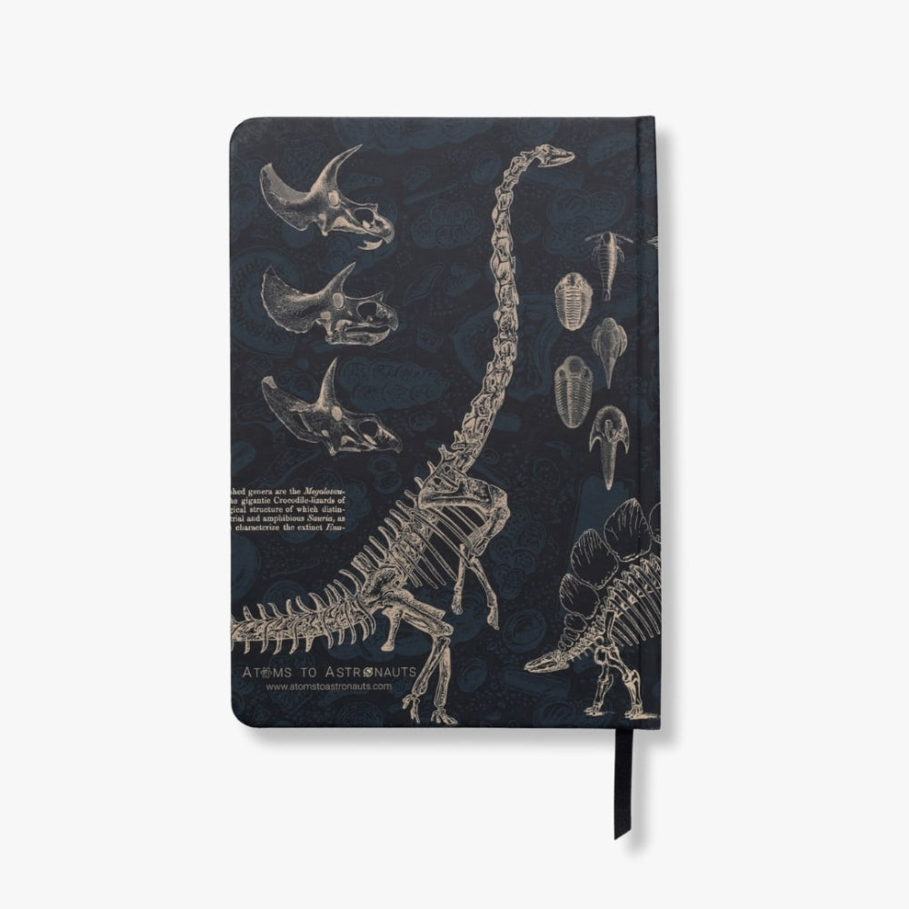 Notebook with dinosaur skeleton design on a dark background