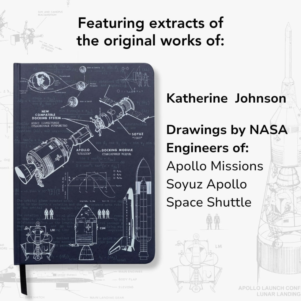 Notebook with space-themed illustrations on a white background with text about NASA engineers' work.