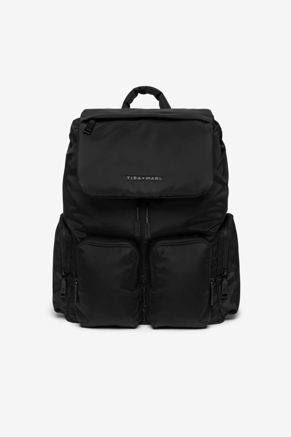 Black backpack with 'Tiba + Marl' branding on a white background