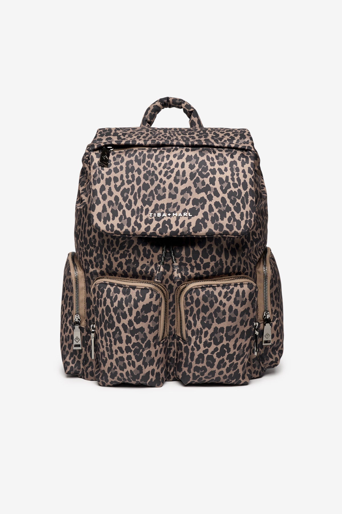 Leopard print backpack on a white background