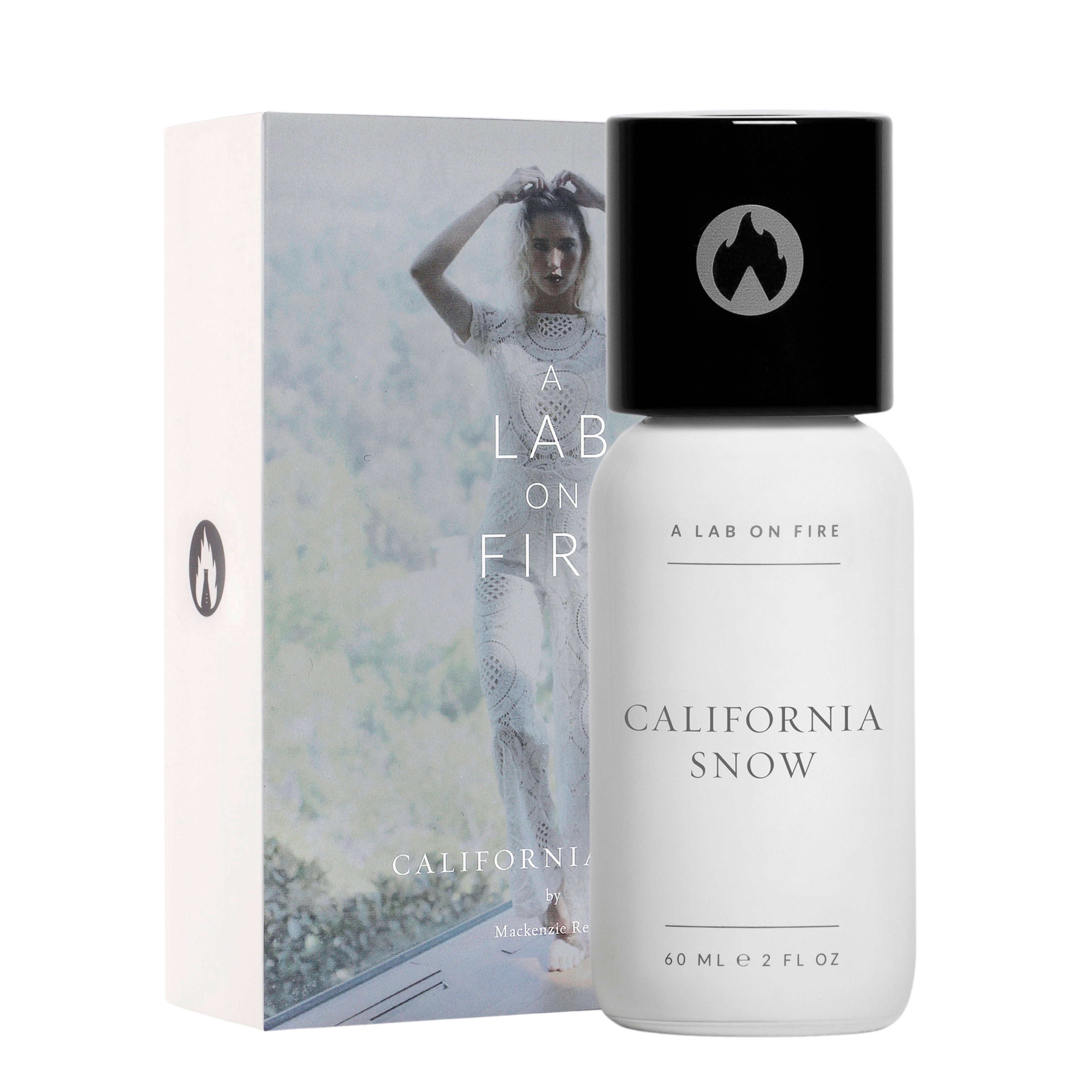 Perfume bottle and packaging of 'California Snow' by A Lab on Fire on a white background
