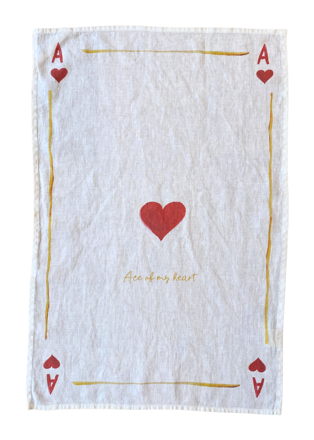 Fabric with heart design and text 'Ace of my heart' on a white background