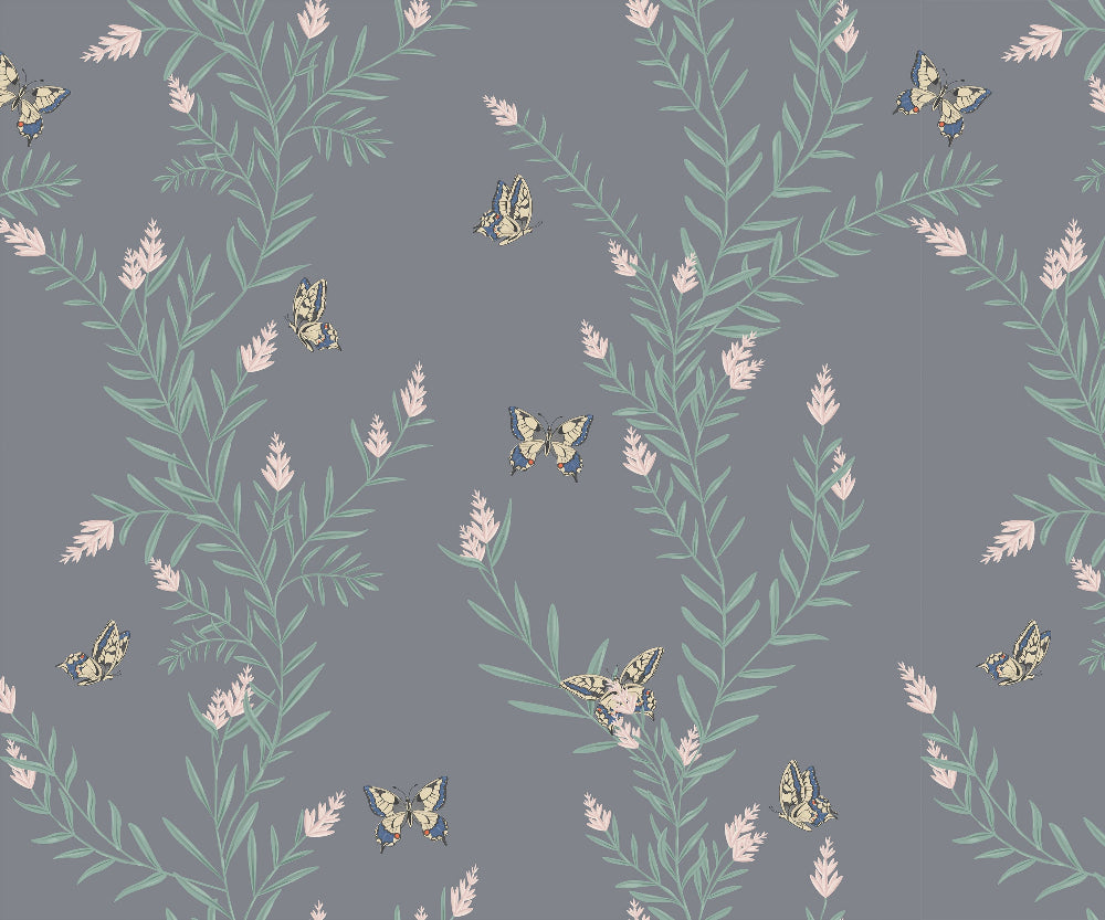 Wallpaper Pattern of butterflies and leaves on a grey background