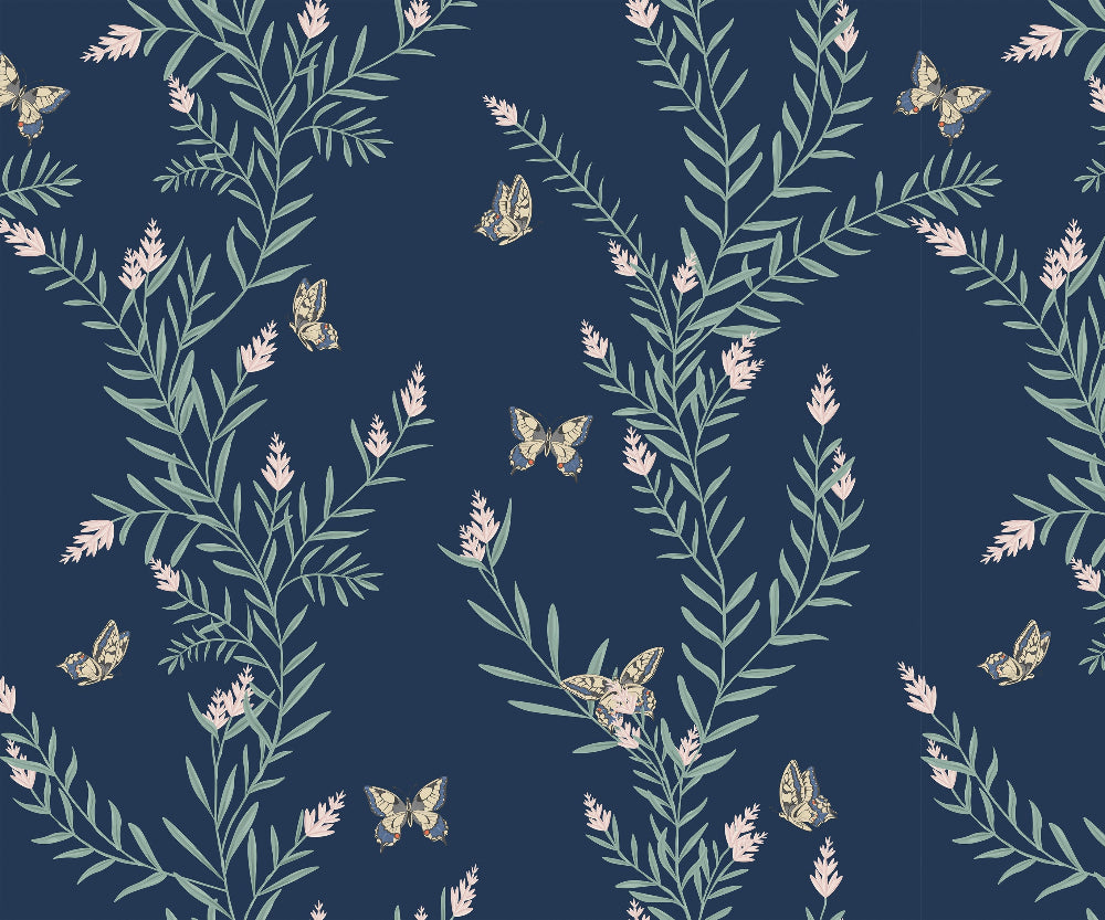 Wallpaper Pattern of butterflies and leaves on a dark blue background