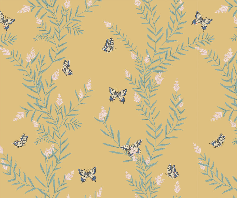 Butterfly and leaf wallpaper pattern on a yellow background