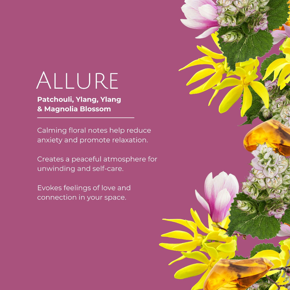 Product label for 'Allure' with floral design and description on a purple background
