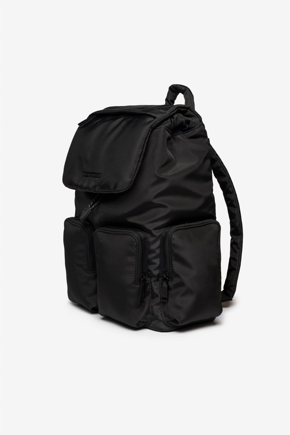 Black backpack showing pockets side profile on a white background