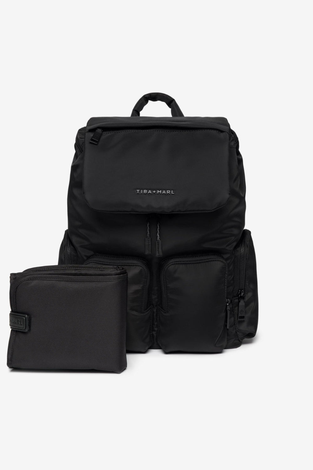 Black backpack and pouch set on a white background