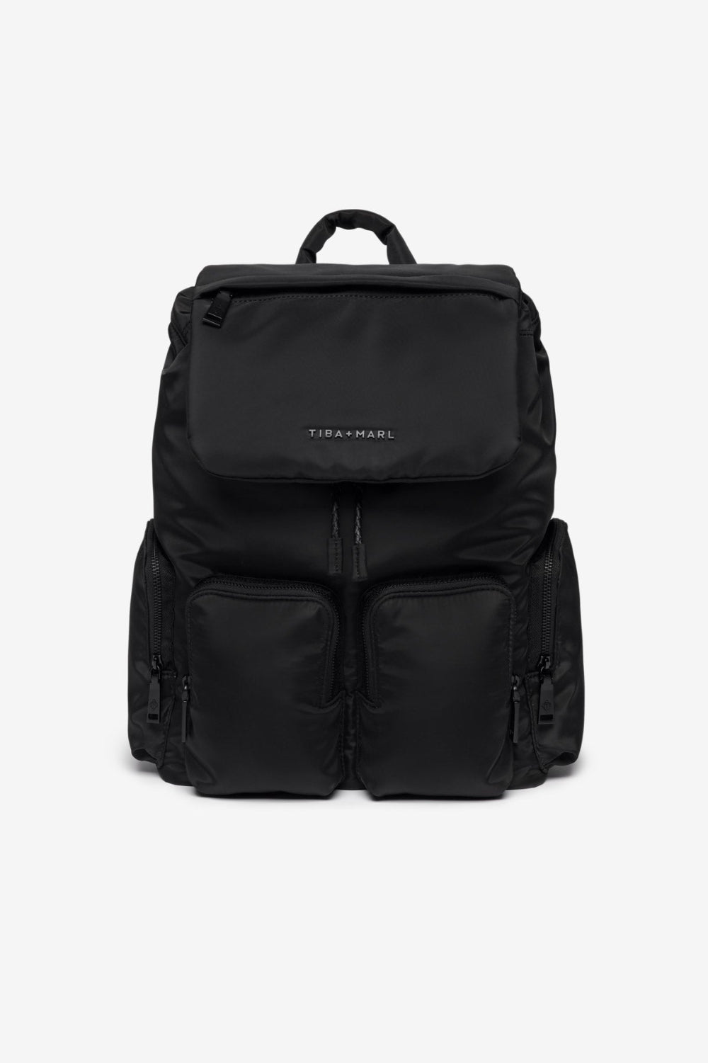 Black backpack with 'Tiba + Marl' branding on a white background
