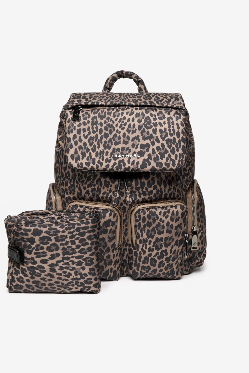 Leopard print backpack and pouch on a white background