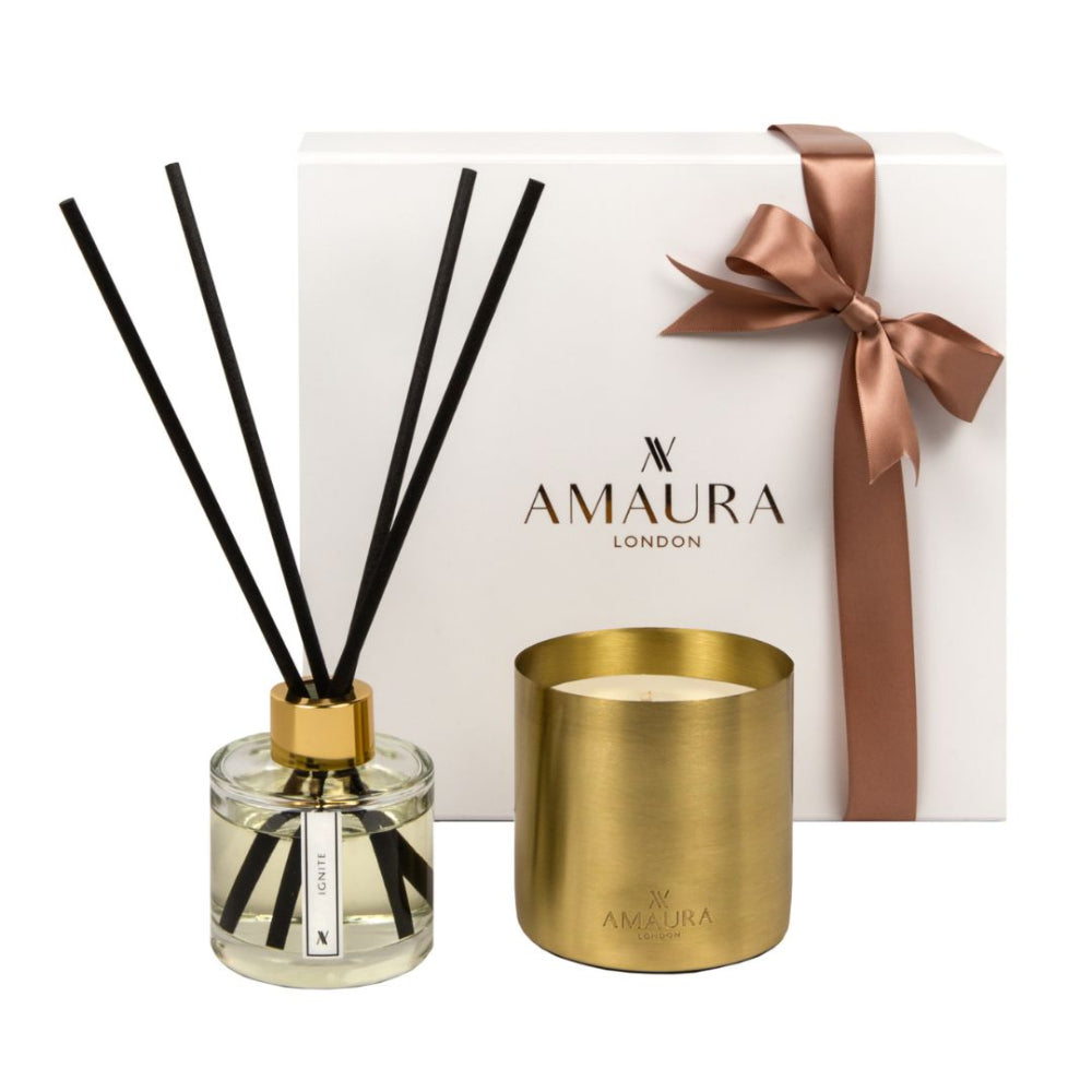 Amaura London diffuser and candle set with a gift box on a white background