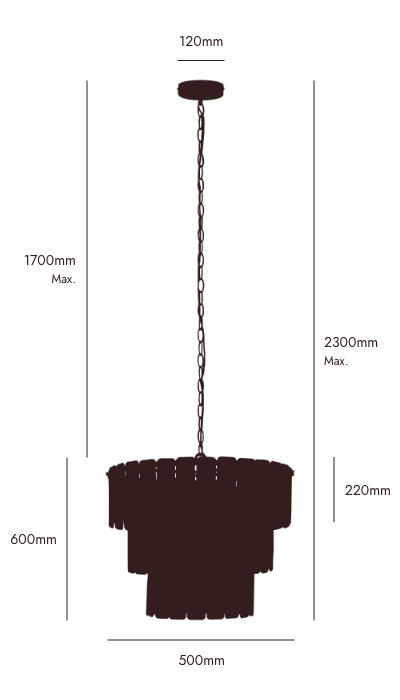 Measurement chart of a pendant light with dimensions on a white background