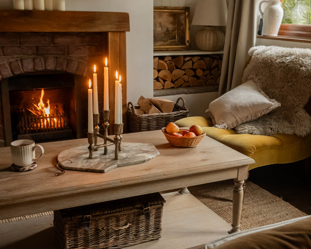Cozy living room with fireplace, wooden coffee table, and comfortable seating.