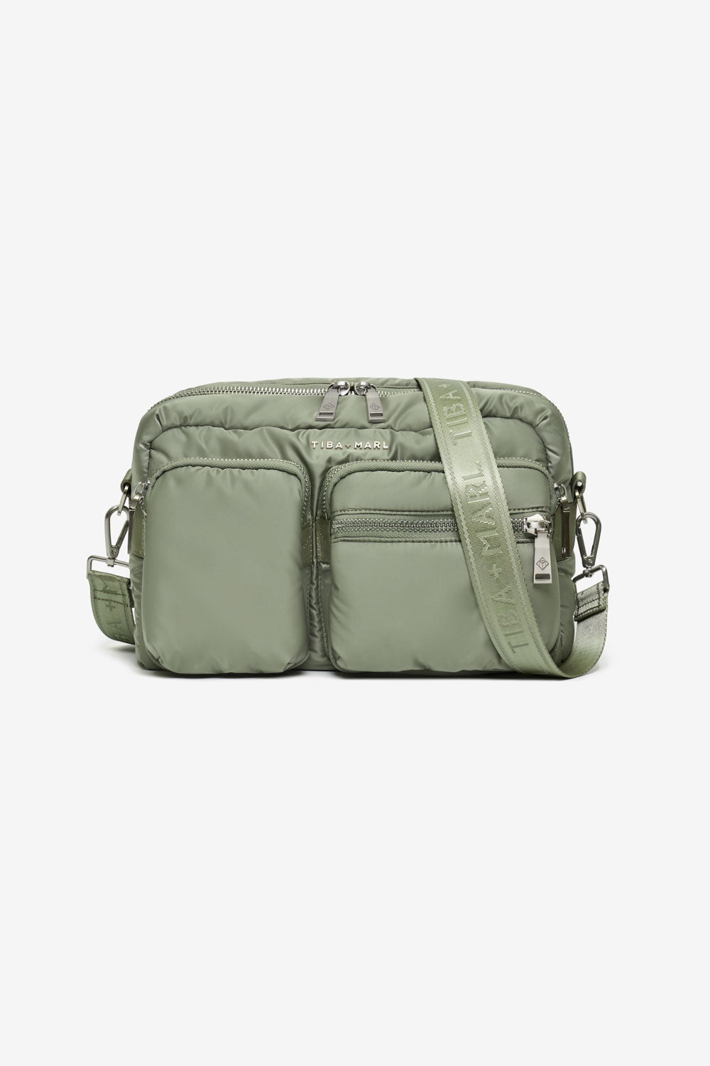 Sage Green crossbody bag with multiple pockets on a white background