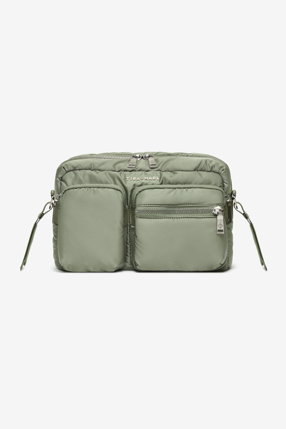 Sage Green crossbody buggy organiser bag with multiple pockets on a white background