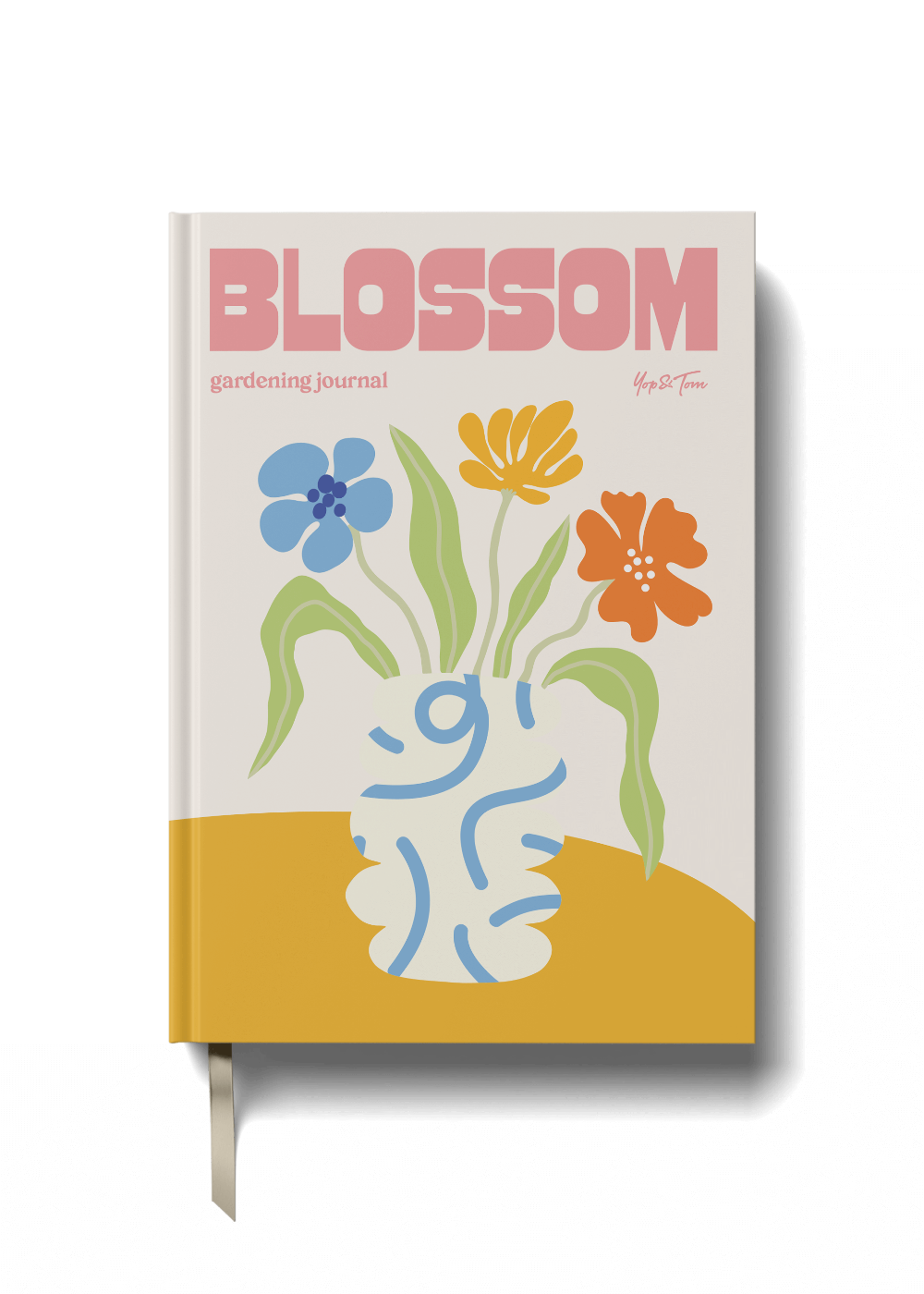 Notebook titled 'Blossom gardening journal' with floral design on a white background