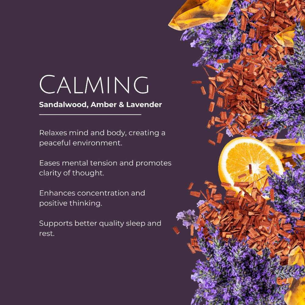 Promotional graphic for calming essential oils with sandalwood, amber, and lavender on a dark background.