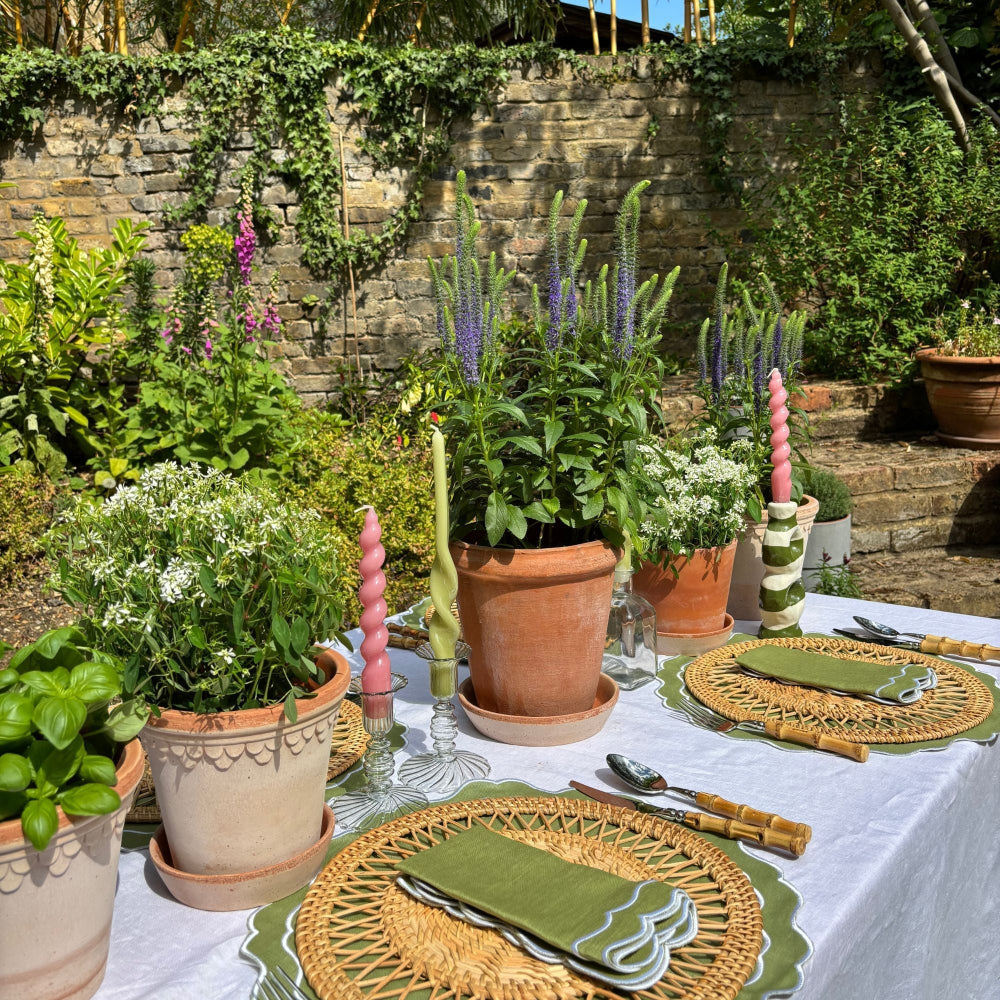 Outdoor table setting with potted plants and garden view