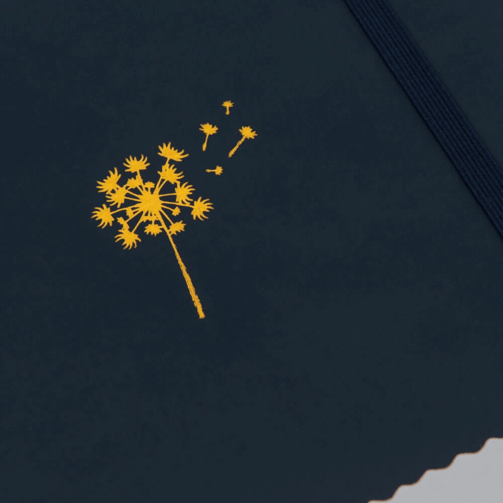 Gold embroidered dandelion design on Midnight Blue A5 journal notebook